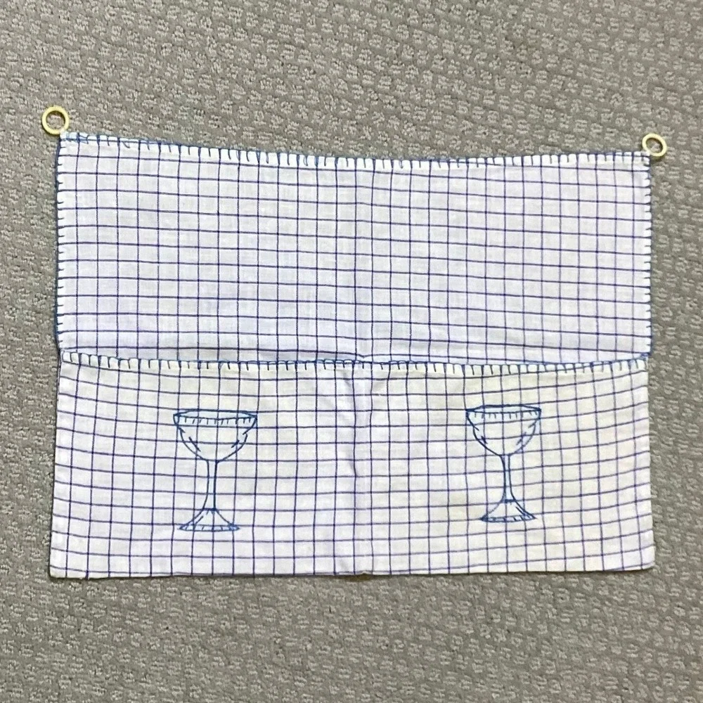 Hand Embroidered Wine Glass Kitchen‎ Towel Barware Blue White Check